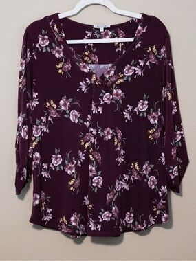 Beacon Large Burgundy Floral Blouse 3/4 Sleeve V-Neck Top